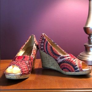 Orange fabric/cork heel wedges